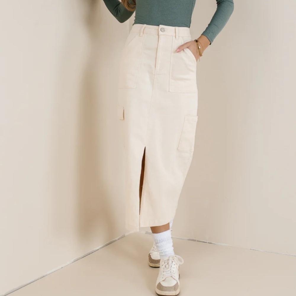bohme Cream Midi Cargo Skirt with Front Slit